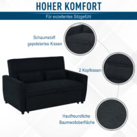 2-Sitzer Sofa Klappsofa Gästebett 148x82x89cm Schwarz - Elegantes, platzsparendes Klappsofa für Gäste in Schwarz.