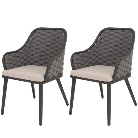 2er-Set Aluminium-Gartenstühle Outdoor mit Seilgeflecht Kissen anthrazit taupe