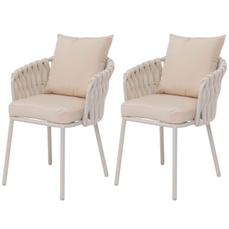 2er-Set Aluminium-Gartenstühle mit Seilgeflecht Outdoor creme