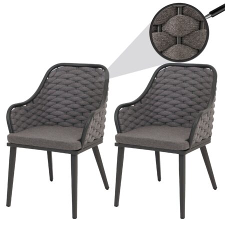 2er-Set Aluminium-Gartenstuhl Outdoor Seilgeflecht Kissen anthrazit dunkelgrau