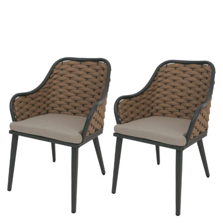 2er-Set Aluminium Gartenstühle mit Seilgeflecht und Kissen beige