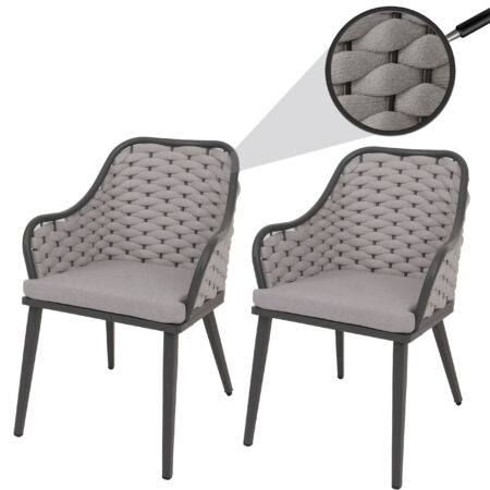 2er-Set Aluminium-Gartenstuhl mit Seilgeflecht Kissen hellgrau
