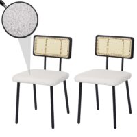 2er-Set Esszimmerstühle Bouclé Holz Metall Poly-Rattan weiss
