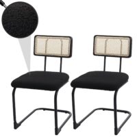 2er-Set Freischwinger Stühle Holz Rattan Bouclé Stoff schwarz
