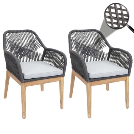 2er-Set Gartenstuhl Outdoor wetterfest Akazie Seilgeflecht grau
