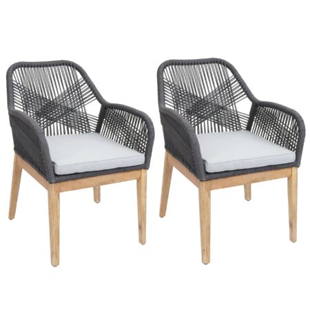 2er-Set Gartenstuhl Outdoor wetterfest Akazie Seilgeflecht grau