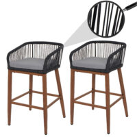 2er-Set Outdoor Barhocker Seilgeflecht Metall Holzoptik anthrazit