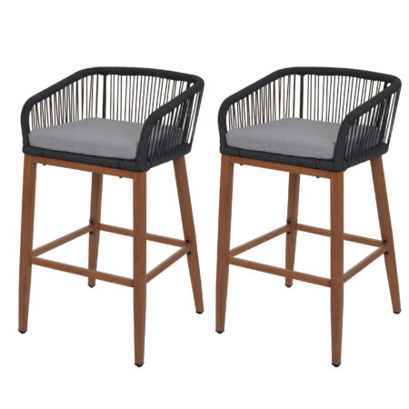 2er-Set Outdoor Barhocker Seilgeflecht Metall Holzoptik anthrazit