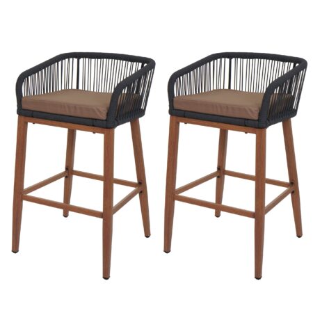 2er-Set Outdoor Barhocker Seilgeflecht Metall Holzoptik anthrazit