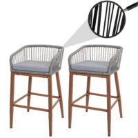 2er-Set Outdoor Barhocker Seilgeflecht Metall Holzoptik hellgrau