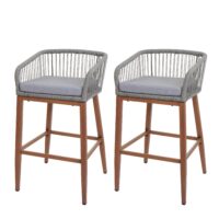 2er-Set Outdoor Barhocker Seilgeflecht Metall Holzoptik hellgrau