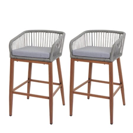 2er-Set Outdoor Barhocker Seilgeflecht Metall Holzoptik hellgrau