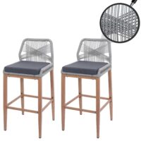 2er-Set Outdoor Barhocker Seilgeflecht Metall Holz-Optik hellgrau