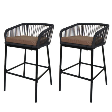 2er-Set Outdoor Barhocker Seilgeflecht Metall Kissen anthrazit taupe