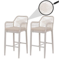 2er-Set Outdoor Barhocker Seilgeflecht Metall Sitzpolster creme
