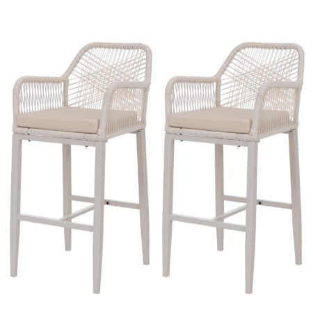 2er-Set Outdoor Barhocker Seilgeflecht Metall Sitzpolster creme