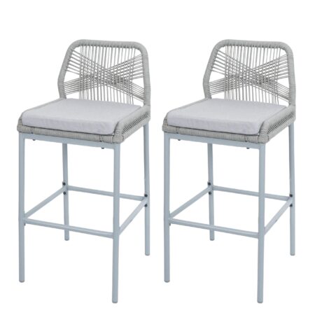 2er-Set Outdoor Barhocker mit Seilgeflecht Metall hellgrau