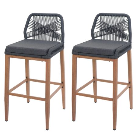 2er-Set Outdoor Barhocker Seilgeflecht Holzoptik anthrazit