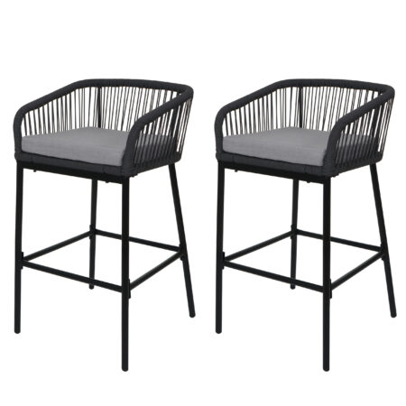 2er-Set Outdoor Rope-Barhocker Metall Kissen hellgrau anthrazit