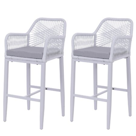 2er-Set Rope-Barhocker Outdoor mit Sitzpolster Seilgeflecht hellgrau