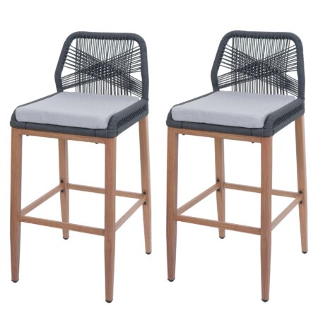 2er-Set Rope-Barhocker Outdoor Seilgeflecht Kissen hellgrau anthrazit