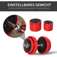 Rot-schwarzes 2-in-1 Hantelset 20kg, verstellbar.