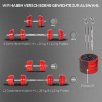 Rot-schwarzes 2-in-1 Hantelset 20kg, verstellbar.
