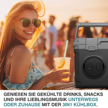 Tragbare 3-in-1 Musikkühlbox mit Bluetooth, 21 Liter, stylisch für Events.