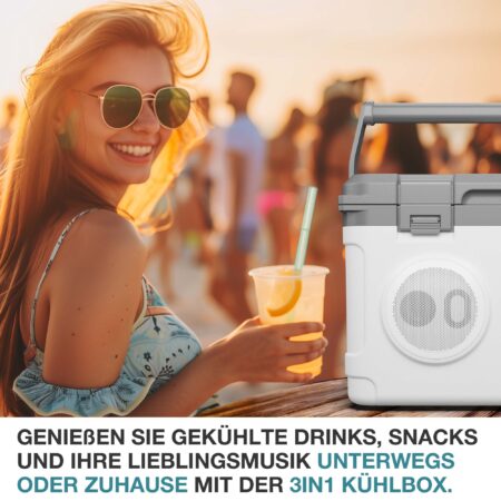 Kühlbox mit Lautsprecher, 21 Liter, stylisches Design, ideal für Musikliebhaber.