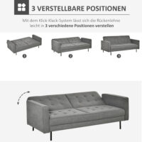 3-Sitzer Sofa Gästebett Bettsofa Vintage Design Grau - Vintage-inspiriertes Sofa mit Bettfunktion für Gäste.