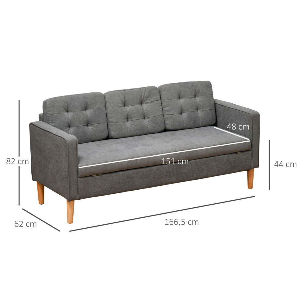 3-Sitzer Sofa mit Stauraum 166.5x62x82cm Grau - Grosszügiges Sofa mit Stauraum für zusätzlichen Platz.
