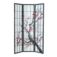 3-teiliger Raumteiler Paravent aus Holz mit Kirschblüten Schwarz