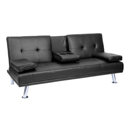3er-Sofa Schlafsofa Gästebett Kunstleder mit Tassenhalter schwarz