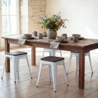 4er-Set Hocker Metall Industriedesign stapelbar Holz-Sitzfläche weiss