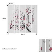 5-teiliger Paravent Raumteiler aus Holz mit Kirschblüten Weiss