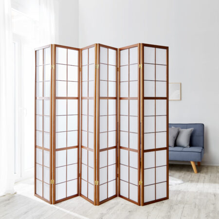 6-teiliger Paravent Raumteiler aus Holz Braun