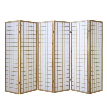 6-teiliger Paravent Raumteiler aus Holz Natur