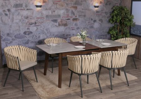 6er-Set Esszimmerstühle Aluminium mit Armlehne & Kissen creme