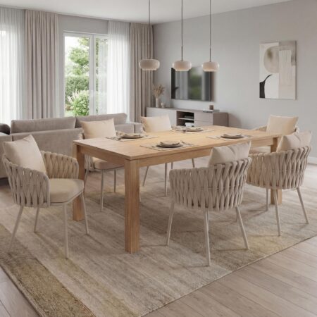 6er-Set Esszimmerstühle Aluminium mit Armlehne Rope creme