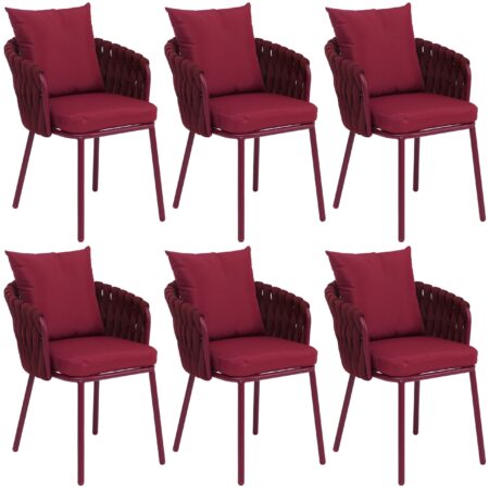 6er-Set Esszimmerstühle Aluminium Stoff Seilgeflecht bordeaux