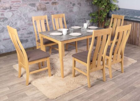 6er-Set Esszimmerstühle Stoff Massivholz hell taupe