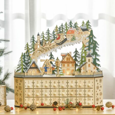 Adventskalender Holz Dorf mit Lichter 45 cm x 13 cm x 43 cm