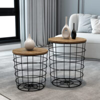Beistelltisch-Set Hundested 2er Set Metallkorb Schwarz/Holzfarben