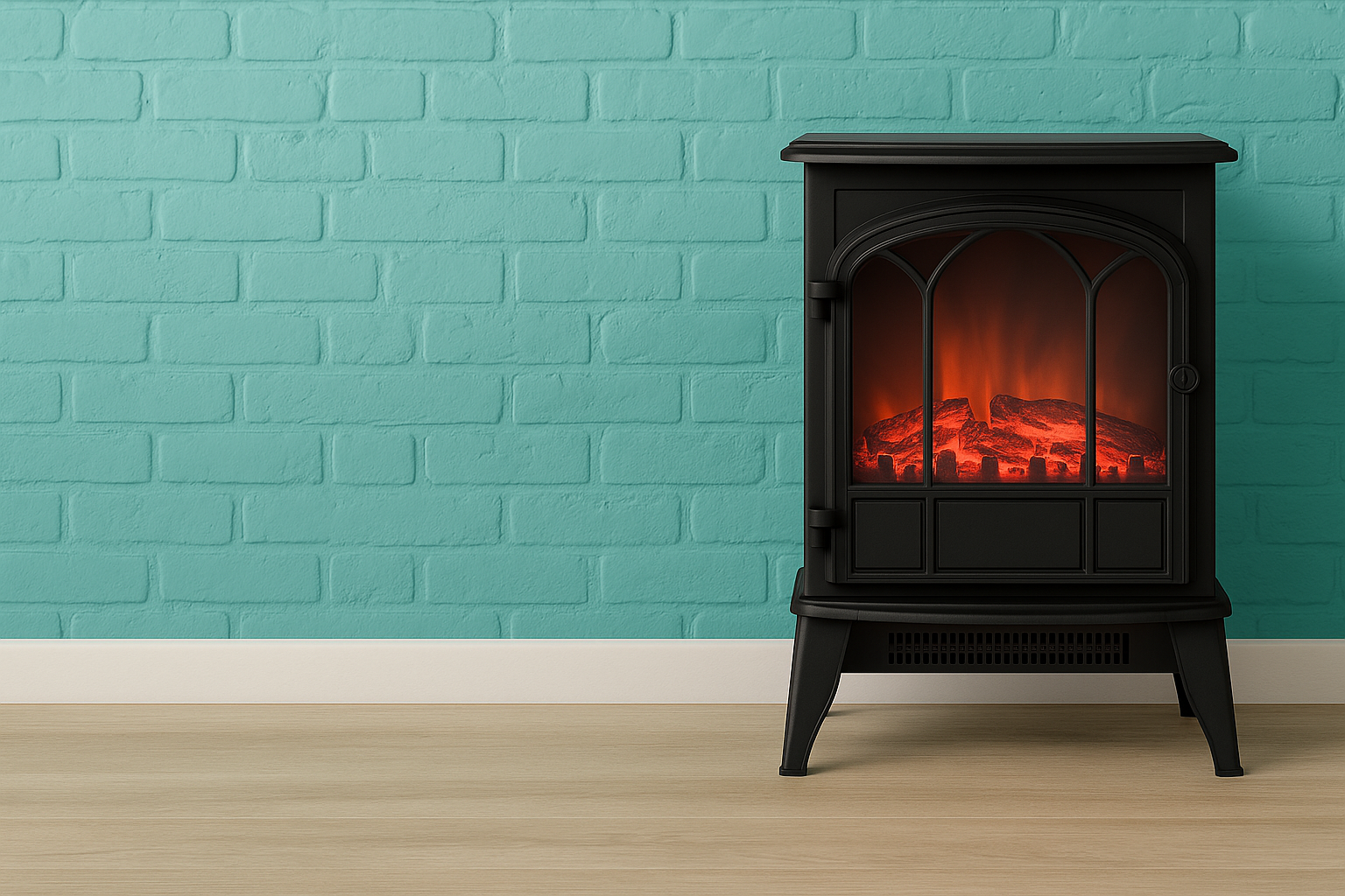 Schwarzer elektrischer Kaminofen auf hellem Holzboden vor einer grünen Wand, mit sichtbarem, warm leuchtendem Flammeneffekt.