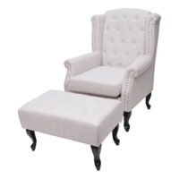 Chesterfield Sessel Ohrensessel Stoff creme-beige mit Ottomane