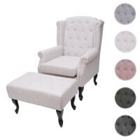 Chesterfield Sessel Ohrensessel Stoff creme-beige mit Ottomane