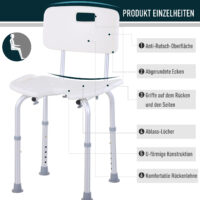 Duschstuhl mit Rückenlehne 136kg Höhenverstellbar