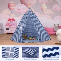 Kinderzelt Tipi Spielzelt blau 170x200cm mit Kissen