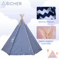 Kinderzelt Tipi Spielzelt blau 170x200cm mit Kissen