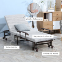 Klappbett Gästebett mit Rollen 5-stufig verstellba 190x76x33cm